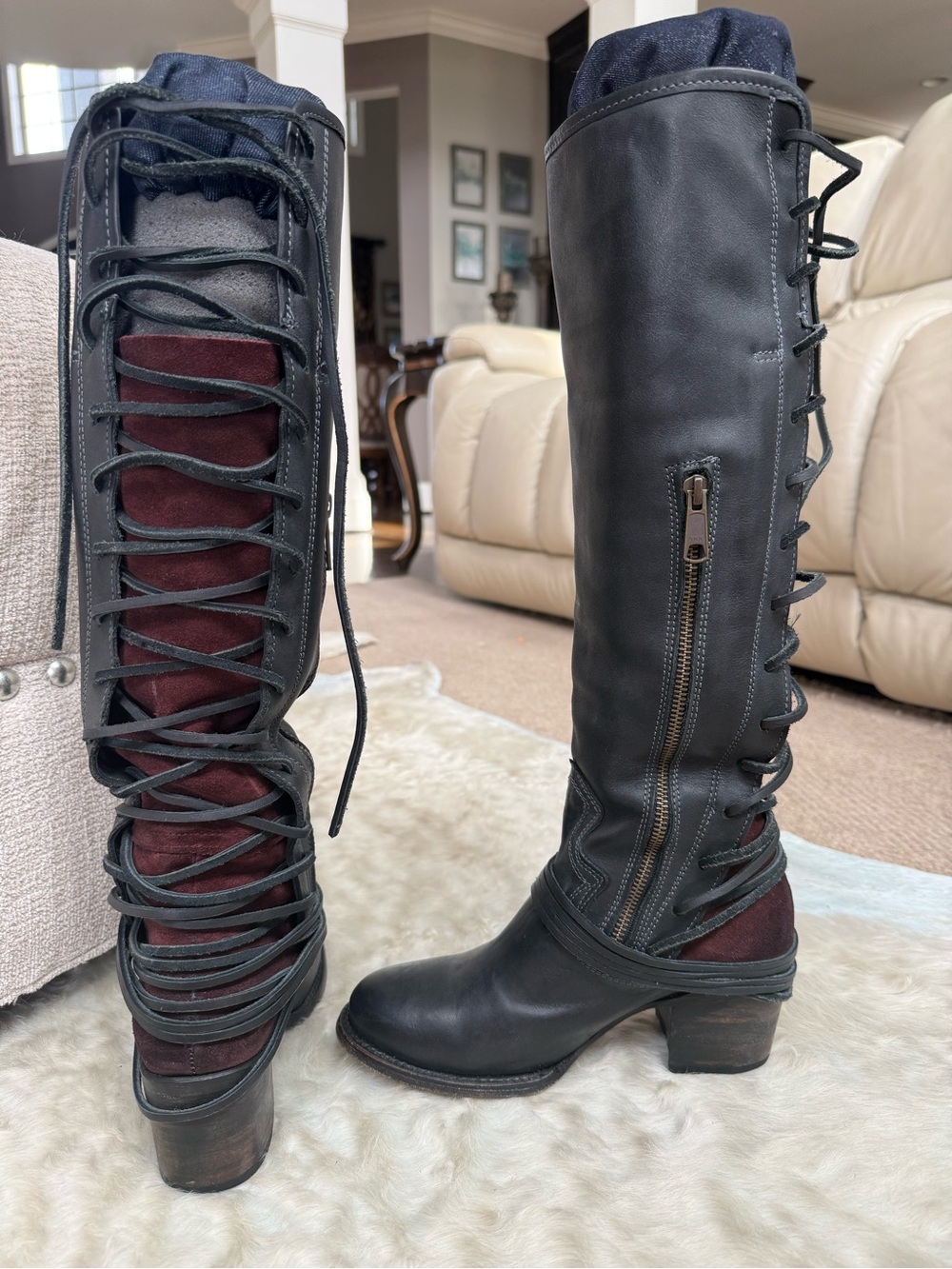 Freebird by Steven Black Leather & Burgundy Suede Lace-Up Knee Boots